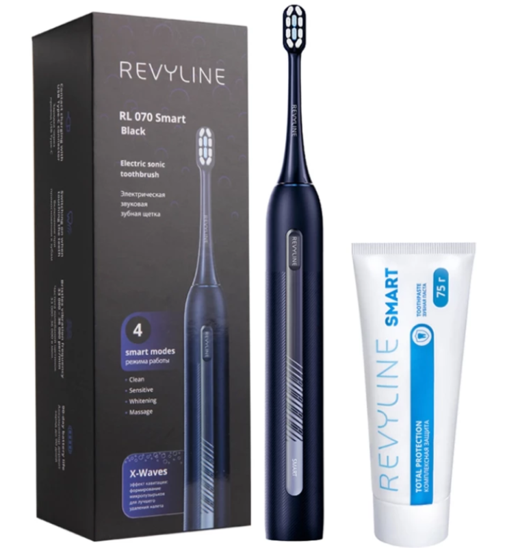 Комплект звуковая зубная щетка Revyline RL070 Black и зубная паста...