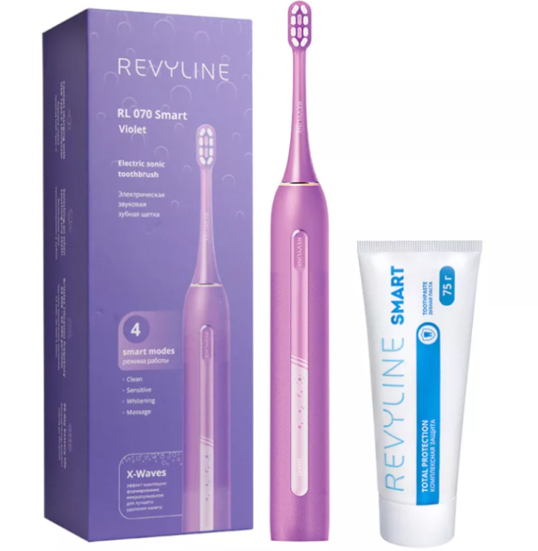 Звуковая зубная щетка Revyline RL070 в фиолетовом цвете и зубная паста...